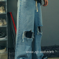 Washed Ripped Jeans Tie Loose Wide Leg Pants